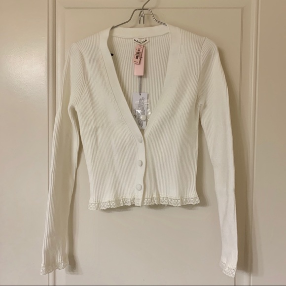 Ivory White Ribbed Lace Trim Nina Cardigan - Picture 4 of 6
